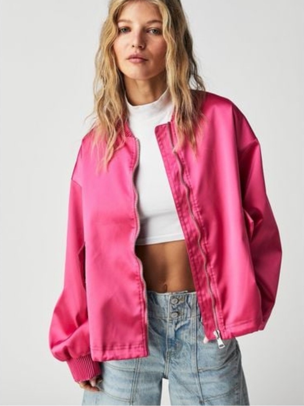 Free People We The Free Echo Satin Bomber Jacket Hot Pink S Barbiecore